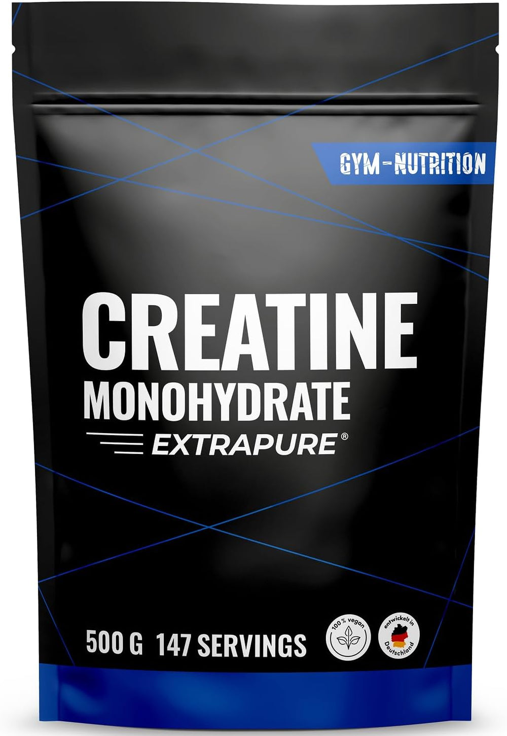 Gym Nutrition unflavoured creatine monohydrate 500g black and blue pouch